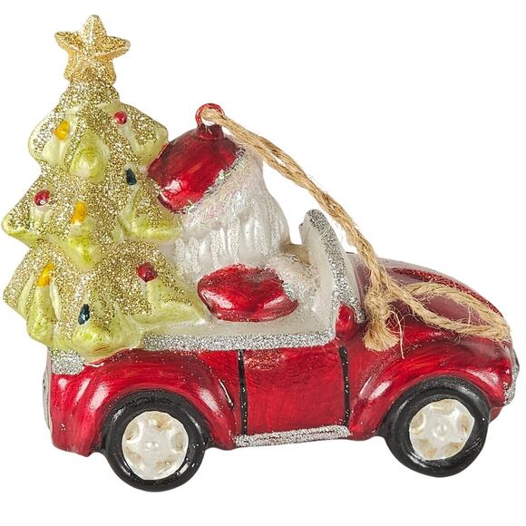 Santa in Red Convertible Car Ornament w/ Christmas Tree 2023 Glitter Holiday - Picture 5 of 14